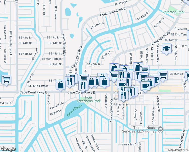 map of restaurants, bars, coffee shops, grocery stores, and more near 608 Southeast 46th Lane in Cape Coral