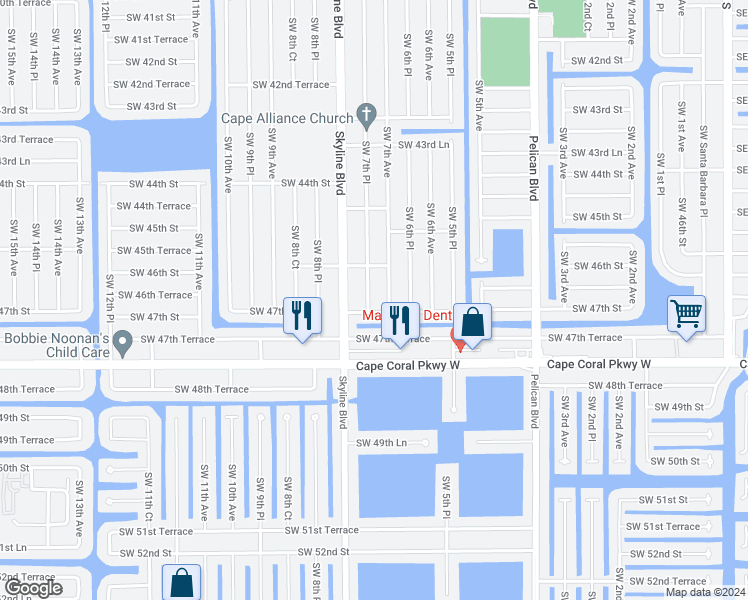map of restaurants, bars, coffee shops, grocery stores, and more near 4623 Southwest 7th Place in Cape Coral