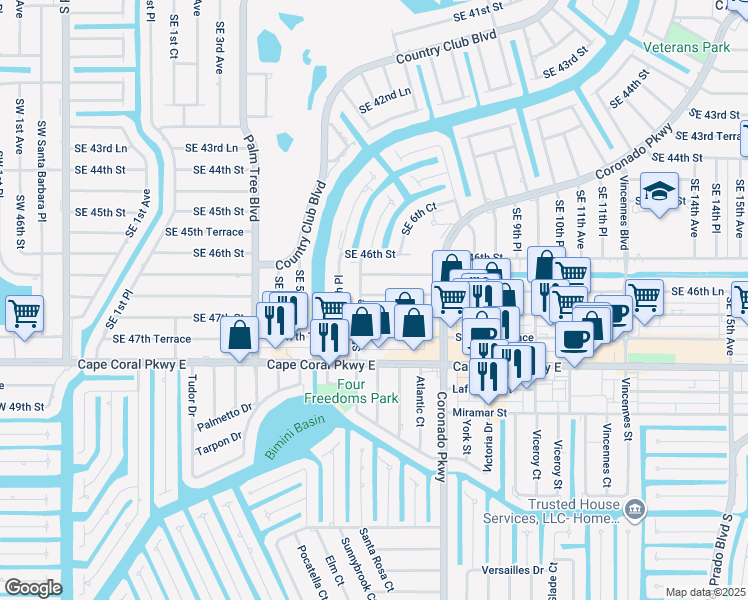 map of restaurants, bars, coffee shops, grocery stores, and more near 602 Southeast 46th Lane in Cape Coral