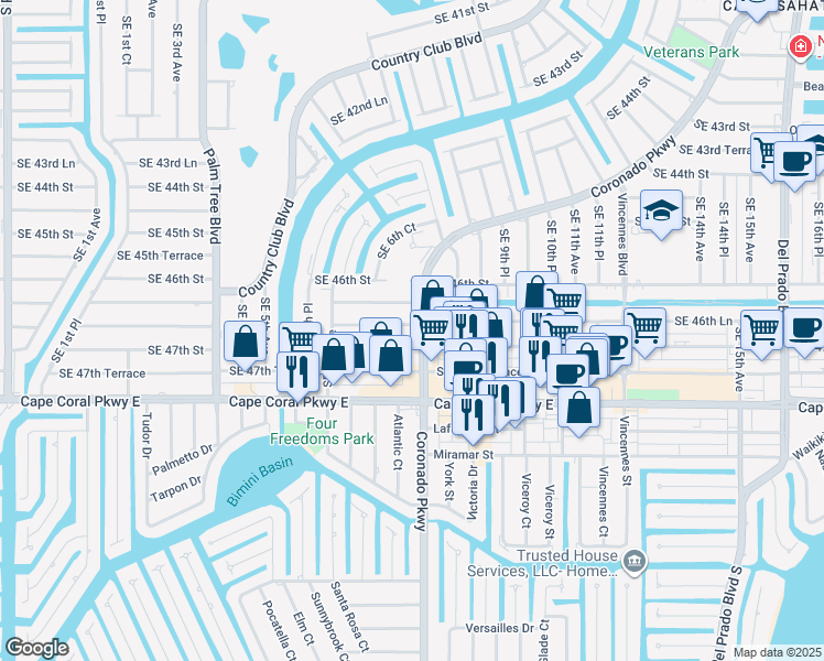 map of restaurants, bars, coffee shops, grocery stores, and more near 4642 Coronado Parkway in Cape Coral