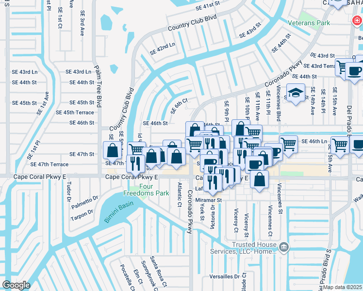 map of restaurants, bars, coffee shops, grocery stores, and more near 4642 Coronado Parkway in Cape Coral