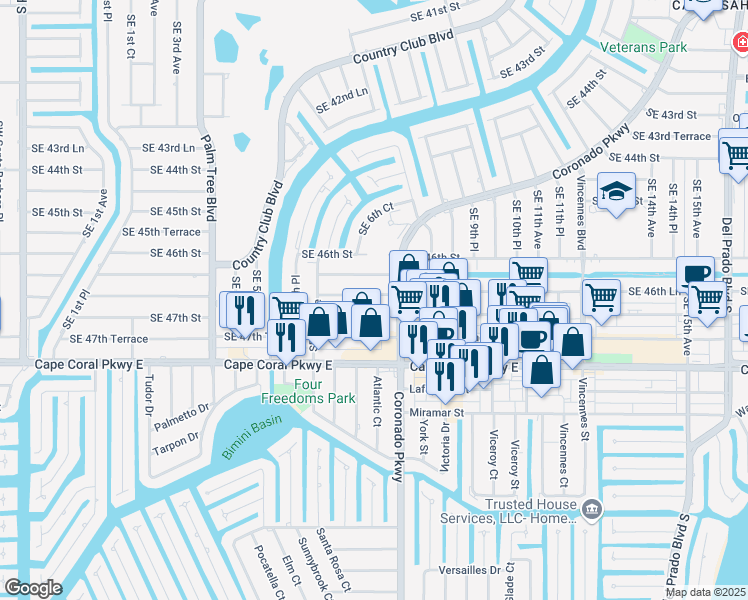 map of restaurants, bars, coffee shops, grocery stores, and more near 4642 Coronado Parkway in Cape Coral