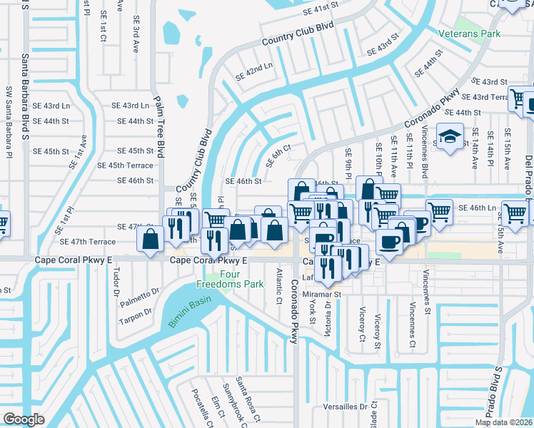 map of restaurants, bars, coffee shops, grocery stores, and more near 622 Southeast 46th Lane in Cape Coral