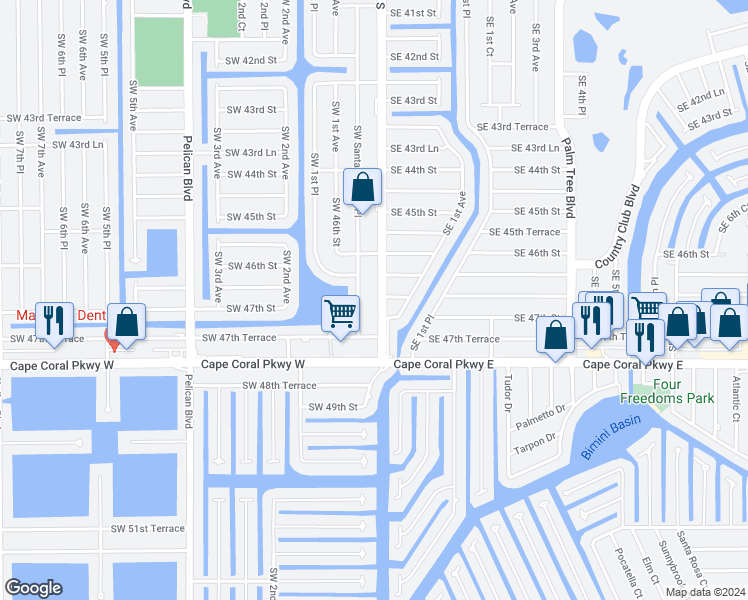 map of restaurants, bars, coffee shops, grocery stores, and more near 4631 Southwest Santa Barbara Place in Cape Coral