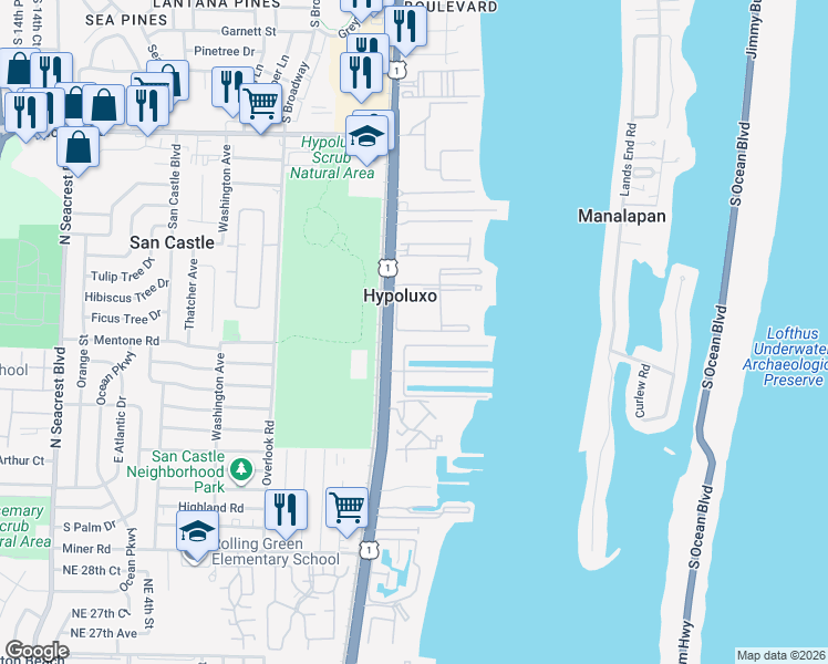 map of restaurants, bars, coffee shops, grocery stores, and more near 7540 South Federal Highway in Lantana
