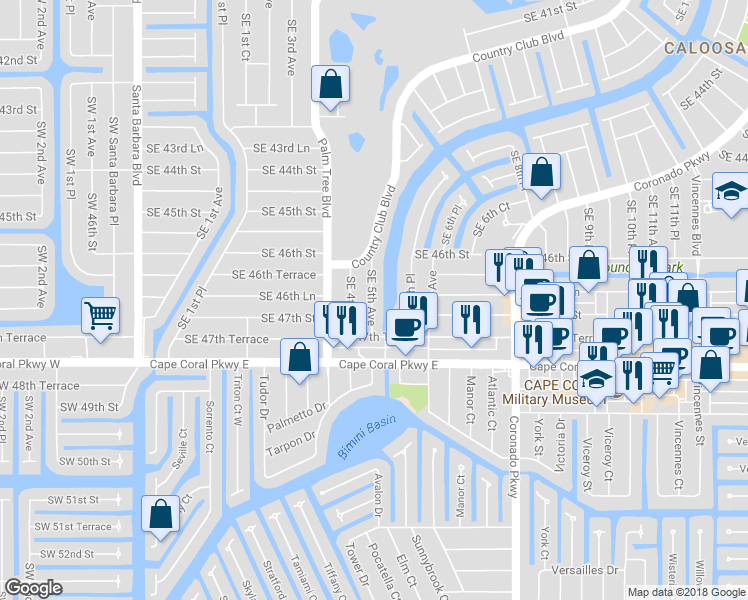 map of restaurants, bars, coffee shops, grocery stores, and more near 4705 Southeast 5th Avenue in Cape Coral