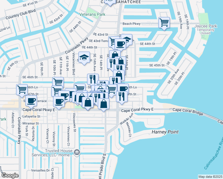 map of restaurants, bars, coffee shops, grocery stores, and more near 1511 Southeast 47th Street in Cape Coral