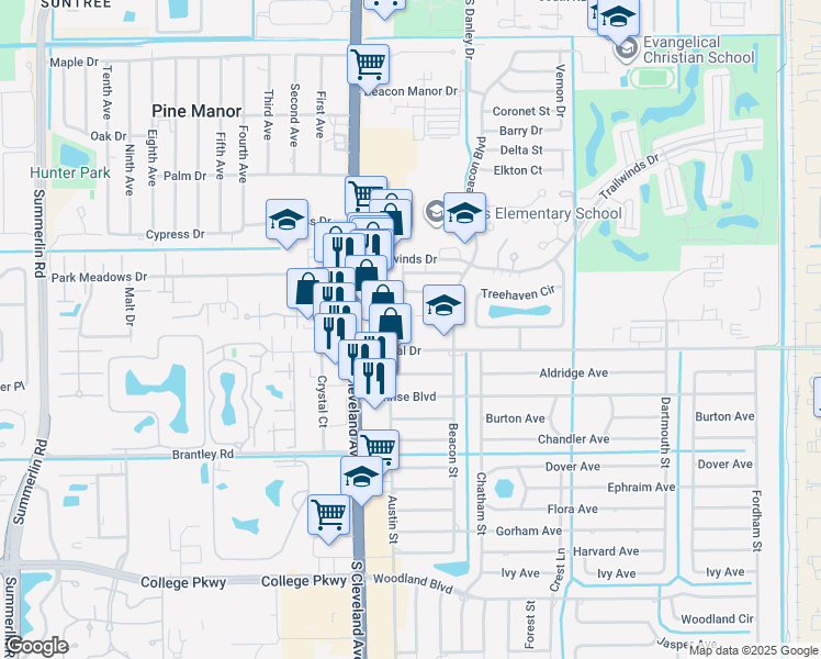 map of restaurants, bars, coffee shops, grocery stores, and more near 2135 Crystal Drive in Fort Myers