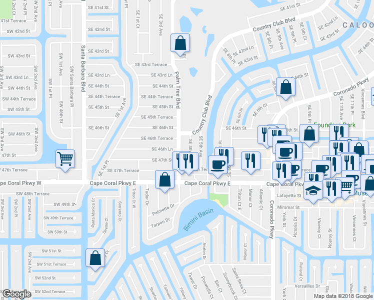 map of restaurants, bars, coffee shops, grocery stores, and more near 346 Southeast 46th Lane in Cape Coral