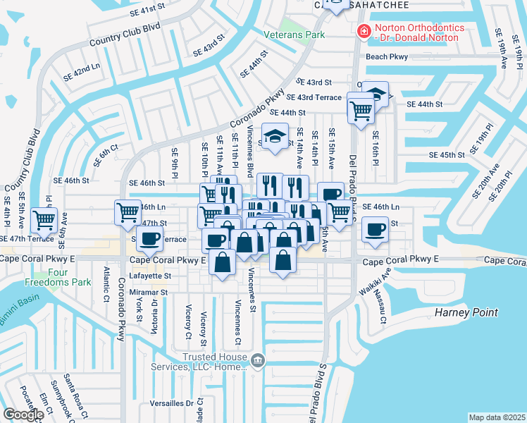 map of restaurants, bars, coffee shops, grocery stores, and more near 1210 Southeast 46th Lane in Cape Coral