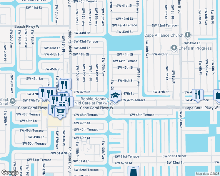 map of restaurants, bars, coffee shops, grocery stores, and more near 4622 Southwest 12th Place in Cape Coral