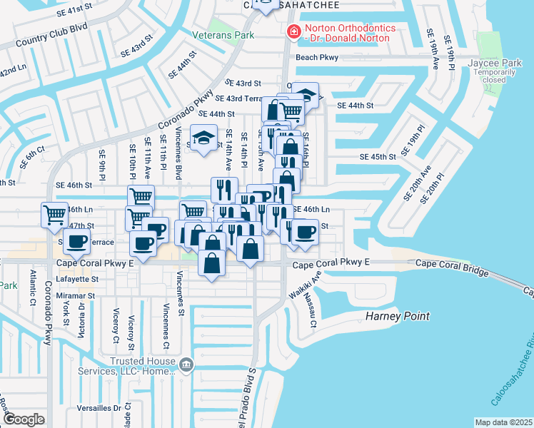 map of restaurants, bars, coffee shops, grocery stores, and more near 1511 Southeast 47th Street in Cape Coral