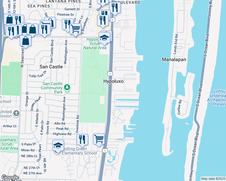 map of restaurants, bars, coffee shops, grocery stores, and more near 7540 South Federal Highway in Lantana