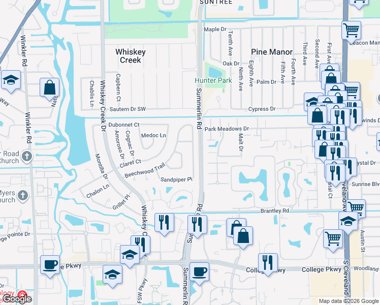 map of restaurants, bars, coffee shops, grocery stores, and more near 5786 Beechwood Trail in Fort Myers