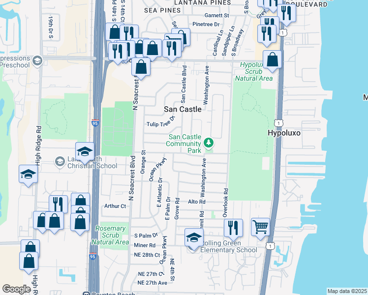 map of restaurants, bars, coffee shops, grocery stores, and more near 491 Mentone Road in Lantana