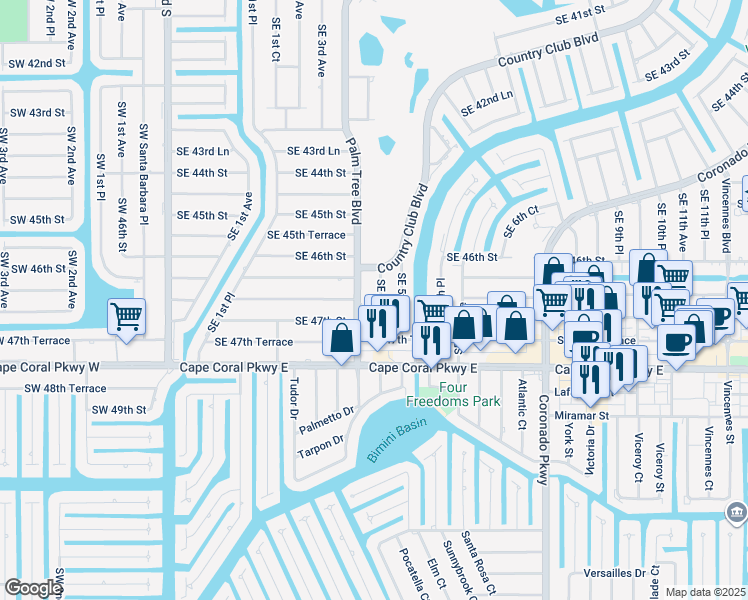 map of restaurants, bars, coffee shops, grocery stores, and more near 346 Southeast 46th Lane in Cape Coral