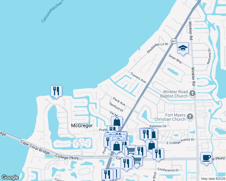 map of restaurants, bars, coffee shops, grocery stores, and more near 541 Peck Avenue in Fort Myers