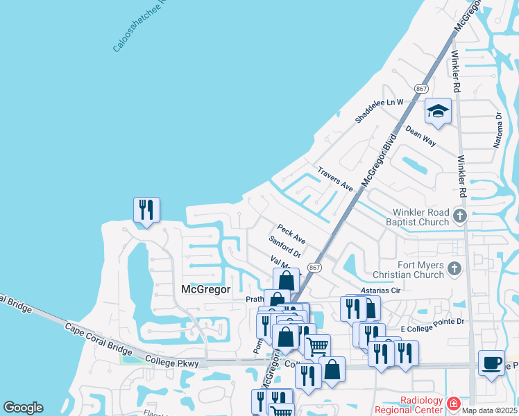 map of restaurants, bars, coffee shops, grocery stores, and more near 541 Peck Avenue in Fort Myers