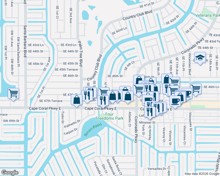 map of restaurants, bars, coffee shops, grocery stores, and more near 602 Southeast 46th Lane in Cape Coral