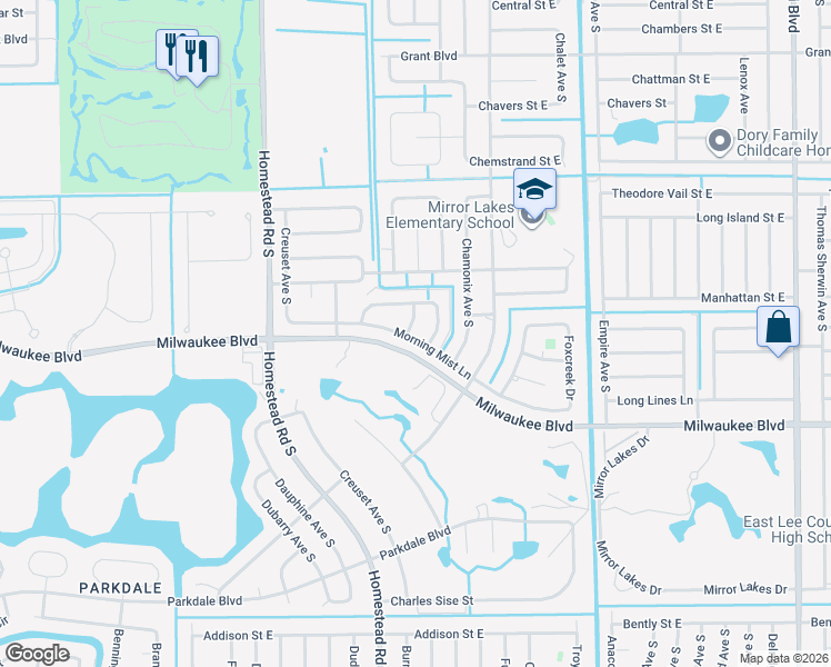 map of restaurants, bars, coffee shops, grocery stores, and more near 598 Morning Mist Lane in Lehigh Acres