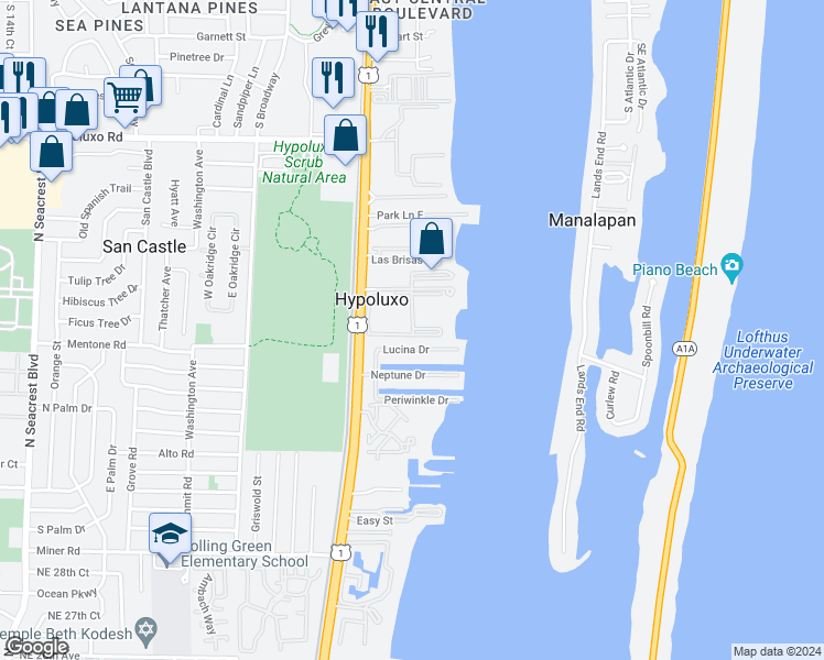 map of restaurants, bars, coffee shops, grocery stores, and more near 124 Lucina Drive in Hypoluxo