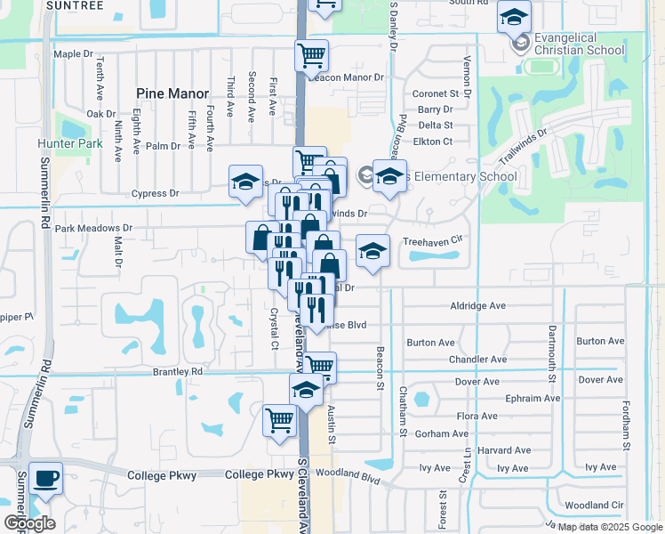 map of restaurants, bars, coffee shops, grocery stores, and more near 2135 Crystal Drive in Fort Myers