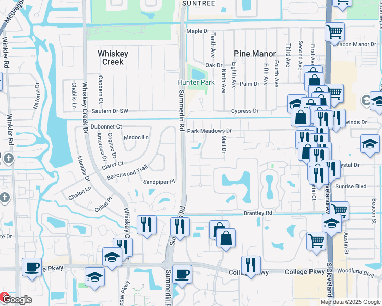 map of restaurants, bars, coffee shops, grocery stores, and more near 12330 Woodrose Court in Fort Myers