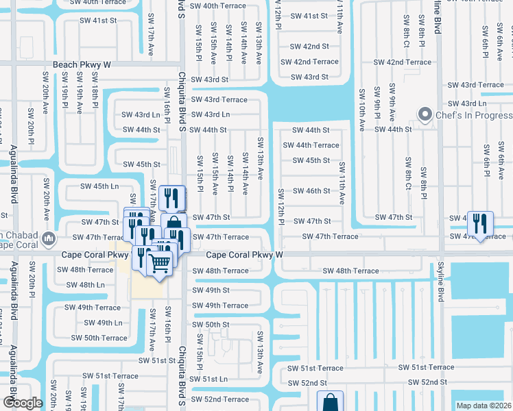 map of restaurants, bars, coffee shops, grocery stores, and more near 4628 Southwest 13th Avenue in Cape Coral