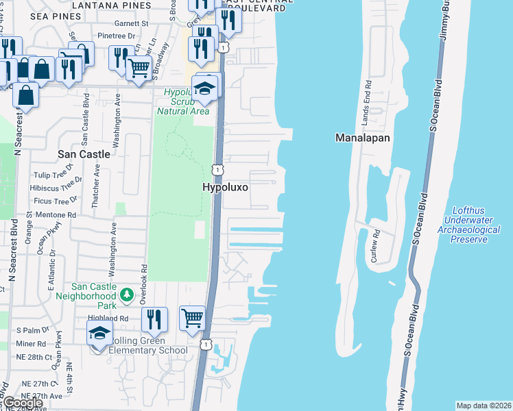 map of restaurants, bars, coffee shops, grocery stores, and more near 124 Lucina Drive in Hypoluxo