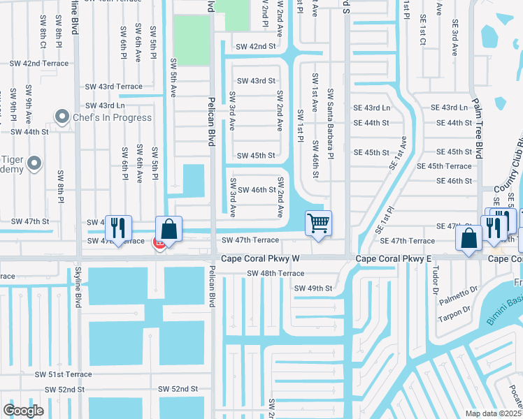 map of restaurants, bars, coffee shops, grocery stores, and more near 222 Southwest 46th Street in Cape Coral