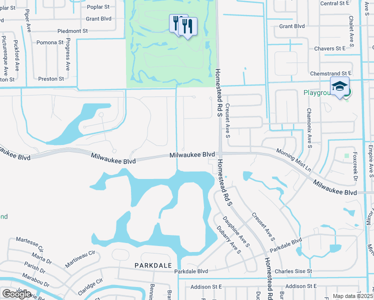 map of restaurants, bars, coffee shops, grocery stores, and more near 550 Milwaukee Boulevard in Lehigh Acres