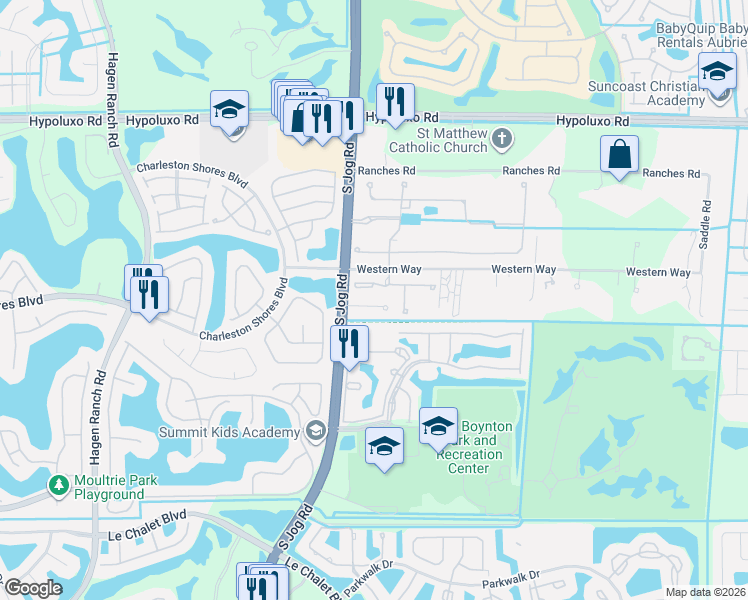 map of restaurants, bars, coffee shops, grocery stores, and more near 6420 Azura Lake Road in Greenacres