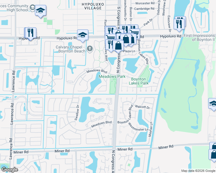 map of restaurants, bars, coffee shops, grocery stores, and more near 18 Misty Meadow Drive in Boynton Beach