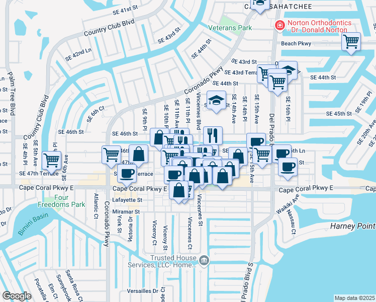 map of restaurants, bars, coffee shops, grocery stores, and more near 4645 Southeast 11th Place in Cape Coral