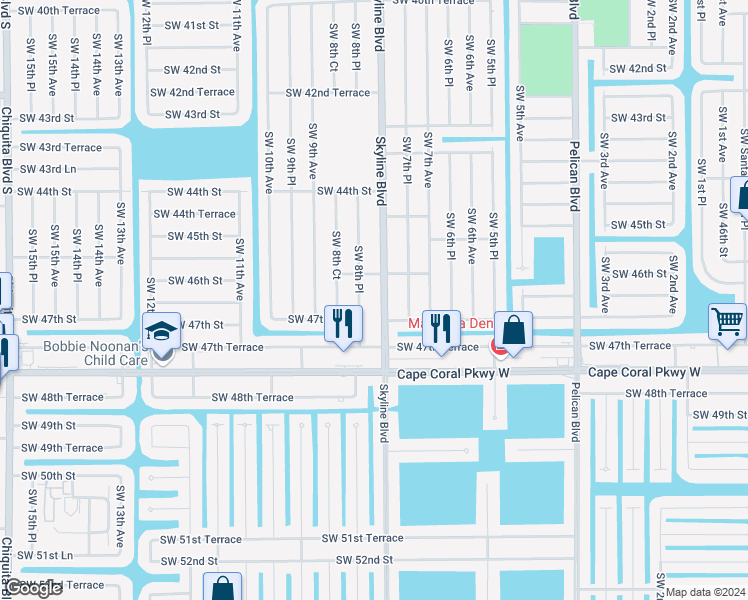 map of restaurants, bars, coffee shops, grocery stores, and more near 4629 Southwest 8th Place in Cape Coral