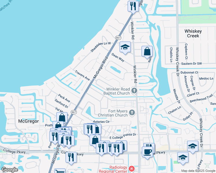map of restaurants, bars, coffee shops, grocery stores, and more near 796 North Entrada Drive in Fort Myers