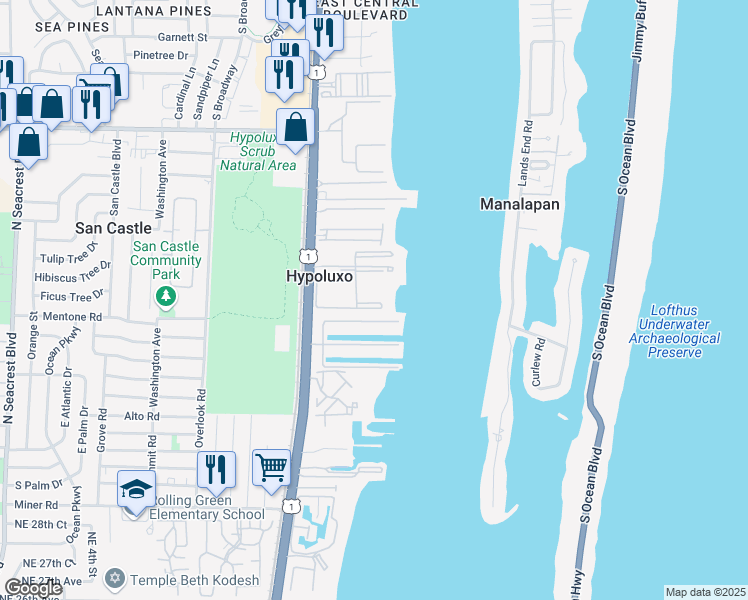 map of restaurants, bars, coffee shops, grocery stores, and more near 158 Lucina Drive in Hypoluxo
