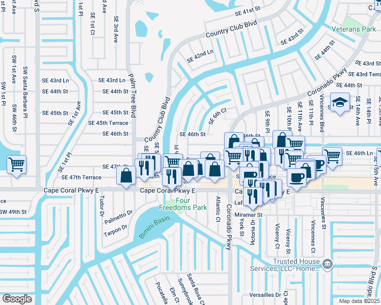 map of restaurants, bars, coffee shops, grocery stores, and more near 605 Southeast 46th Lane in Cape Coral