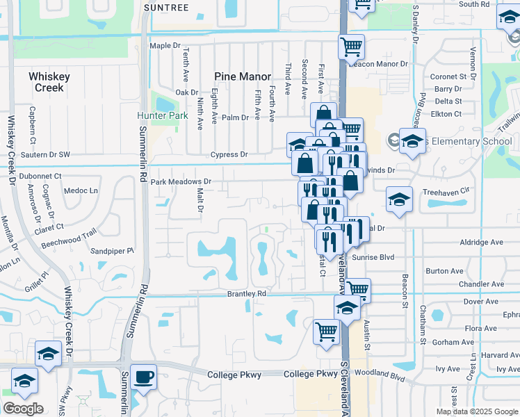 map of restaurants, bars, coffee shops, grocery stores, and more near 1896 Park Meadows Drive in Fort Myers