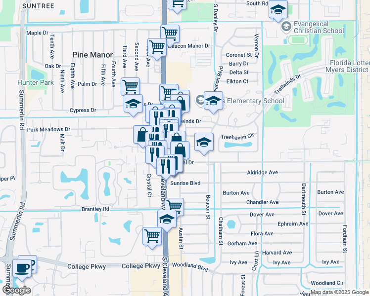 map of restaurants, bars, coffee shops, grocery stores, and more near 2135 Crystal Drive in Fort Myers