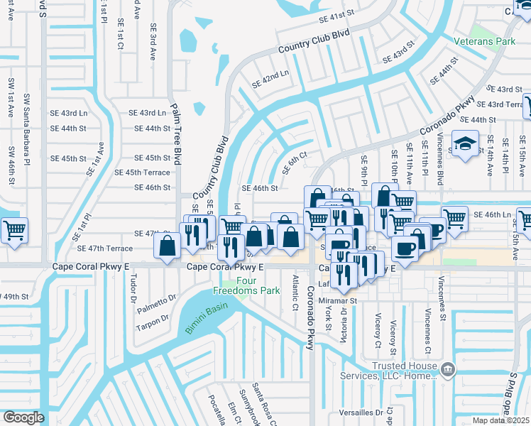 map of restaurants, bars, coffee shops, grocery stores, and more near 611 Southeast 46th Lane in Cape Coral
