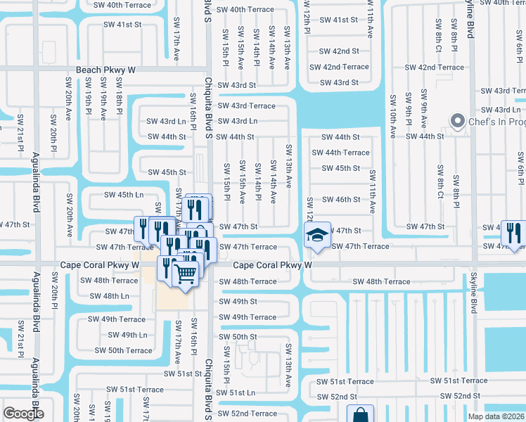 map of restaurants, bars, coffee shops, grocery stores, and more near 4627 Southwest 14th Place in Cape Coral