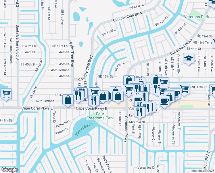 map of restaurants, bars, coffee shops, grocery stores, and more near 611 Southeast 46th Lane in Cape Coral