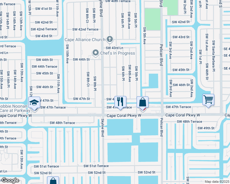 map of restaurants, bars, coffee shops, grocery stores, and more near 4627 Southwest 7th Avenue in Cape Coral