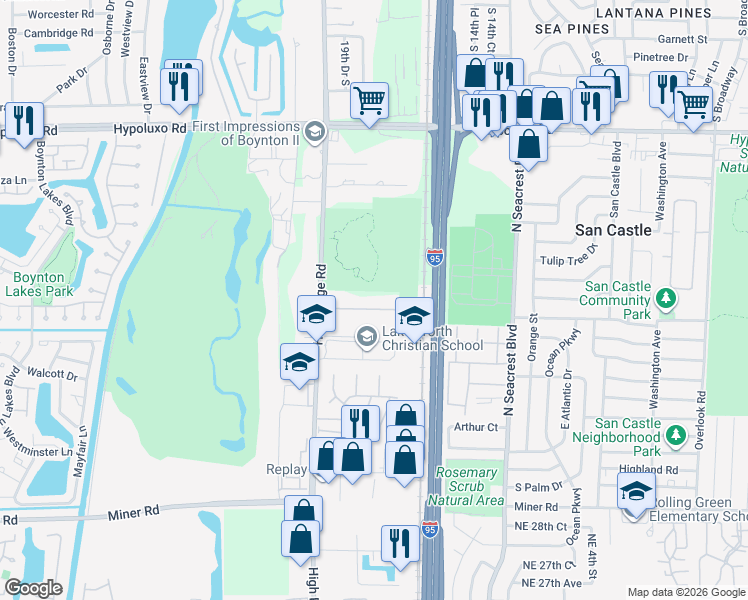 map of restaurants, bars, coffee shops, grocery stores, and more near 1906 Tom A Toe Road in Boynton Beach