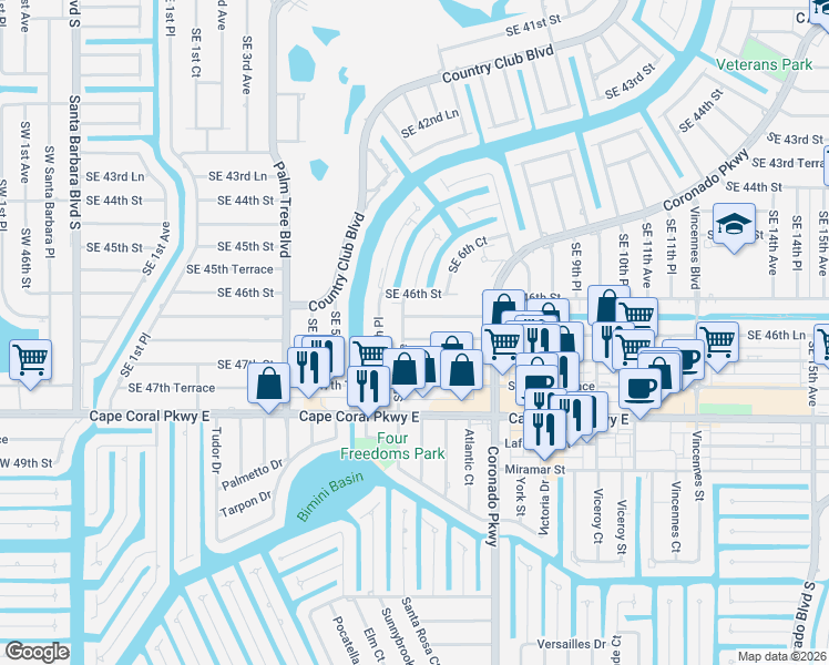 map of restaurants, bars, coffee shops, grocery stores, and more near 607 Southeast 46th Lane in Cape Coral