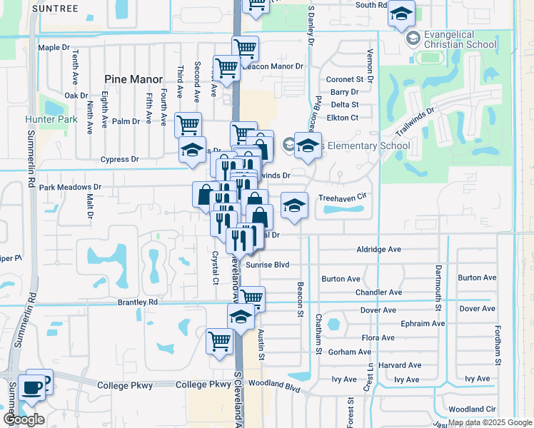 map of restaurants, bars, coffee shops, grocery stores, and more near 2131 Crystal Drive in Fort Myers