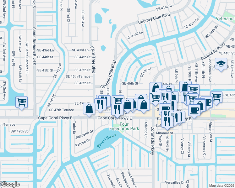 map of restaurants, bars, coffee shops, grocery stores, and more near 4626 Southeast 5th Place in Cape Coral