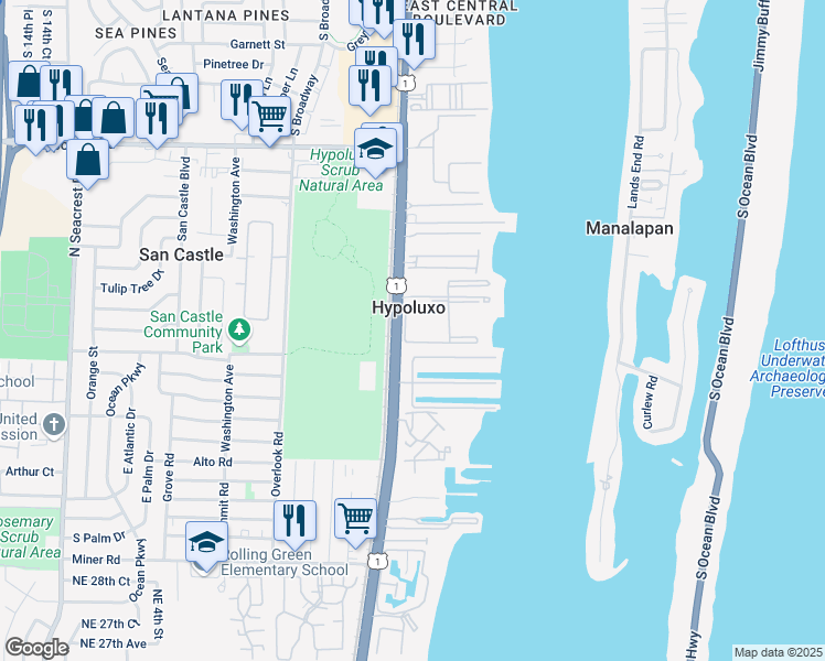 map of restaurants, bars, coffee shops, grocery stores, and more near 7540 South Federal Highway in Lantana
