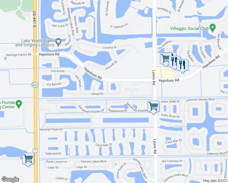 map of restaurants, bars, coffee shops, grocery stores, and more near 9543 Campi Drive in Lake Worth